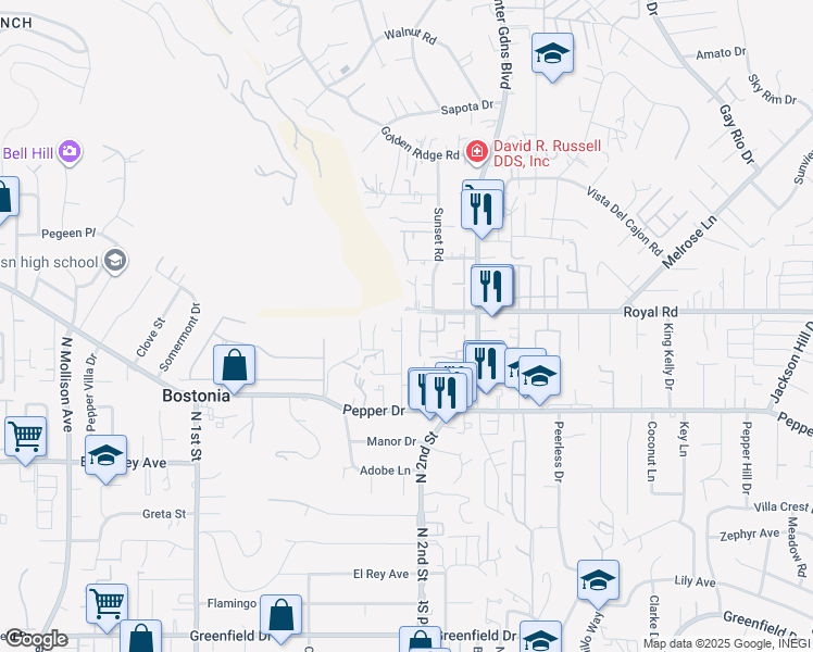 map of restaurants, bars, coffee shops, grocery stores, and more near 8039 Shir Mar Place in El Cajon