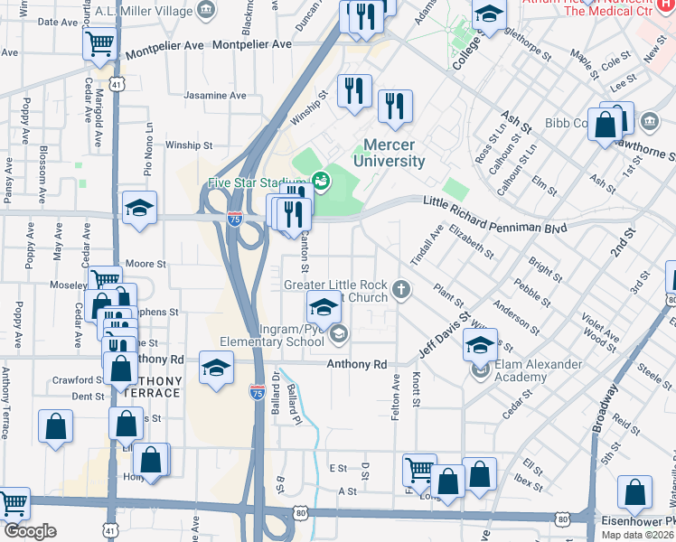 map of restaurants, bars, coffee shops, grocery stores, and more near 1924 Mercer Road in Macon