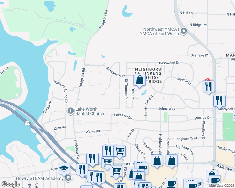 map of restaurants, bars, coffee shops, grocery stores, and more near 4741 Homelands Way in Fort Worth