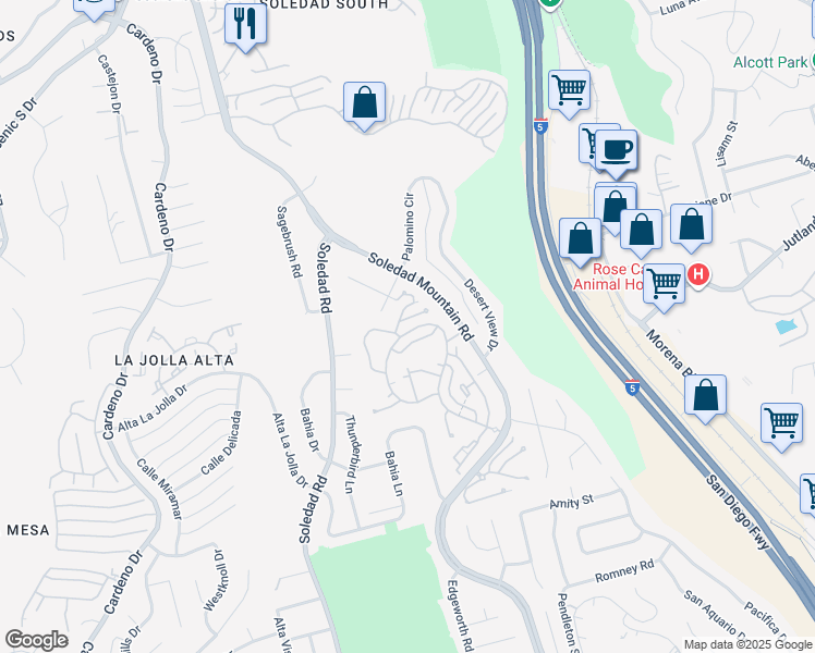 map of restaurants, bars, coffee shops, grocery stores, and more near 2163 Caminito San Martin in San Diego