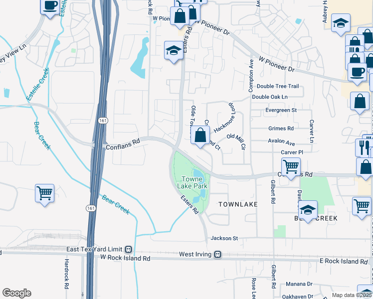 map of restaurants, bars, coffee shops, grocery stores, and more near 1101 Esters Rd in Irving
