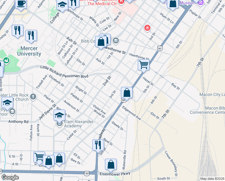 map of restaurants, bars, coffee shops, grocery stores, and more near 522 Edgewood Avenue in Macon