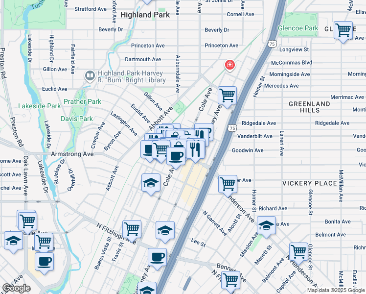 map of restaurants, bars, coffee shops, grocery stores, and more near 4630 Cole Avenue in Dallas
