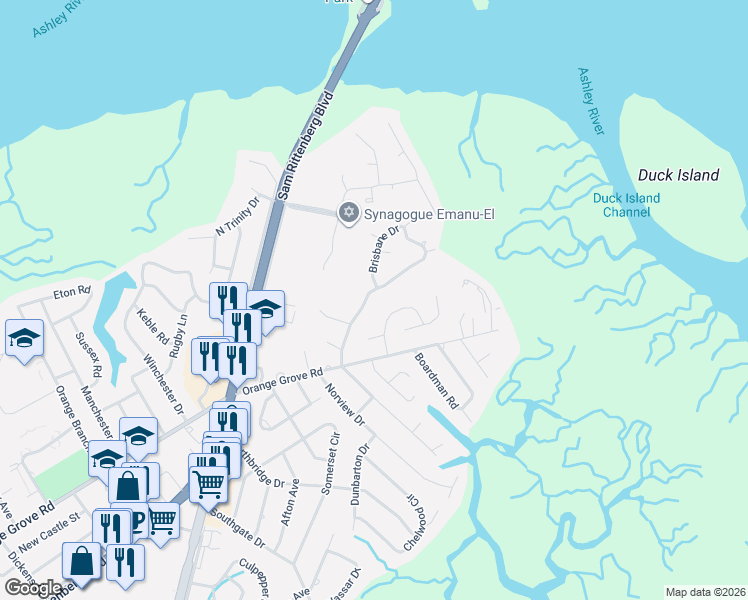 map of restaurants, bars, coffee shops, grocery stores, and more near 7 Brigadier Drive in Charleston