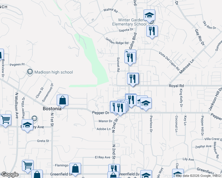 map of restaurants, bars, coffee shops, grocery stores, and more near 11921 Royal Road in El Cajon