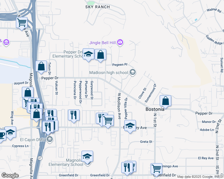 map of restaurants, bars, coffee shops, grocery stores, and more near 1266 Walnut Tree Lane in El Cajon