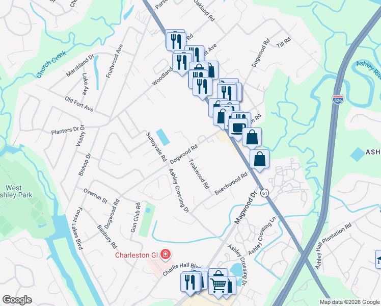 map of restaurants, bars, coffee shops, grocery stores, and more near 1972 Norton Street in Charleston