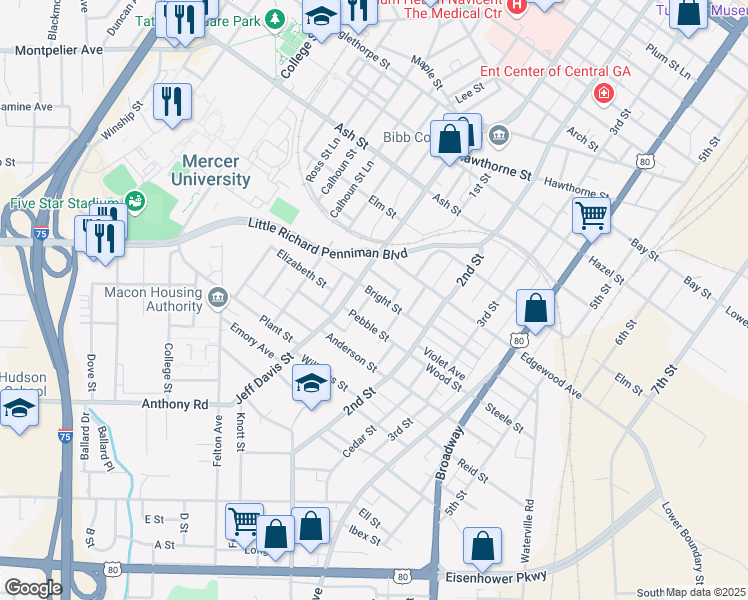 map of restaurants, bars, coffee shops, grocery stores, and more near 745 Pebble Street in Macon