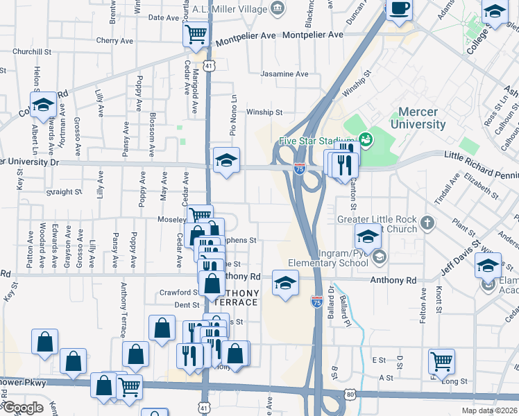 map of restaurants, bars, coffee shops, grocery stores, and more near 1979 Fletcher Street in Macon