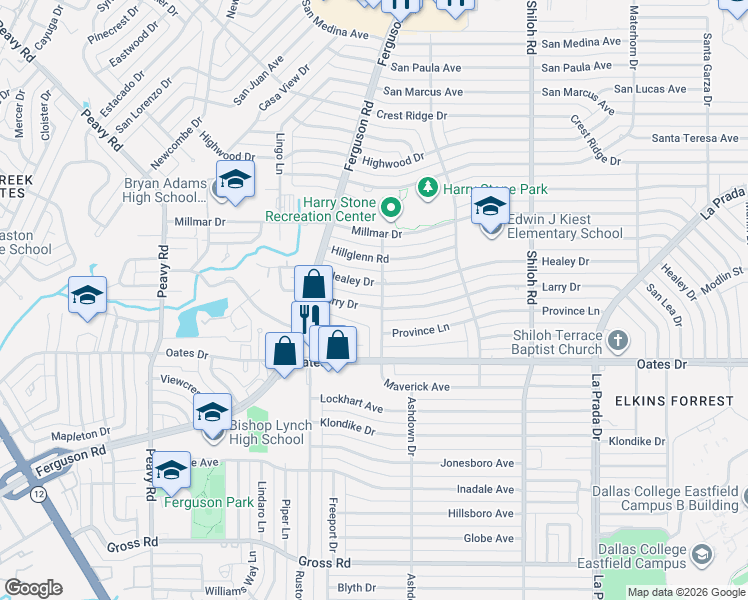 map of restaurants, bars, coffee shops, grocery stores, and more near 2360 Larry Drive in Dallas