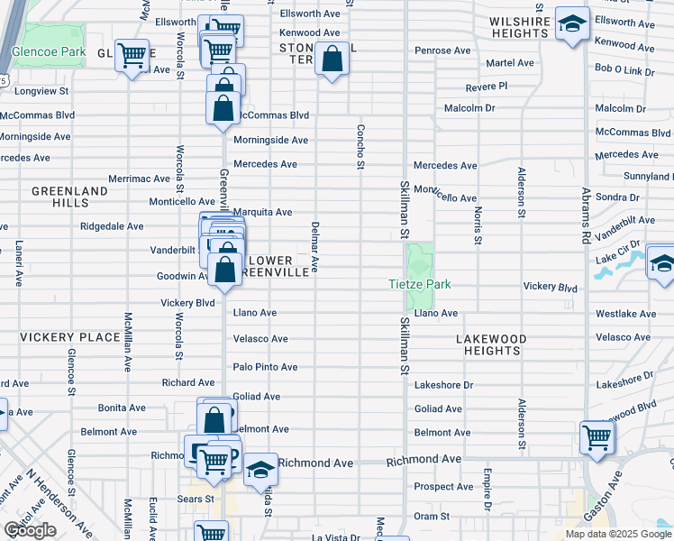 map of restaurants, bars, coffee shops, grocery stores, and more near 5915 Vickery Boulevard in Dallas