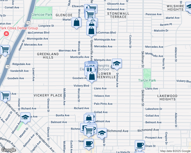 map of restaurants, bars, coffee shops, grocery stores, and more near 5711 Vickery Boulevard in Dallas