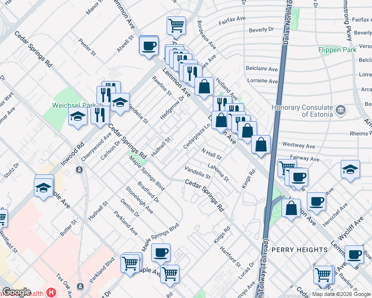 map of restaurants, bars, coffee shops, grocery stores, and more near 5152 Lahoma Street in Dallas