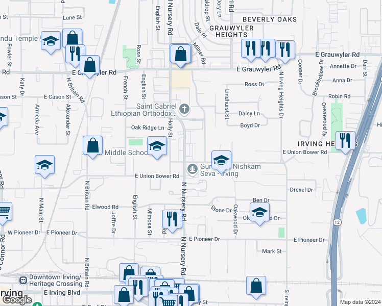 map of restaurants, bars, coffee shops, grocery stores, and more near 1077 East Union Bower Road in Irving