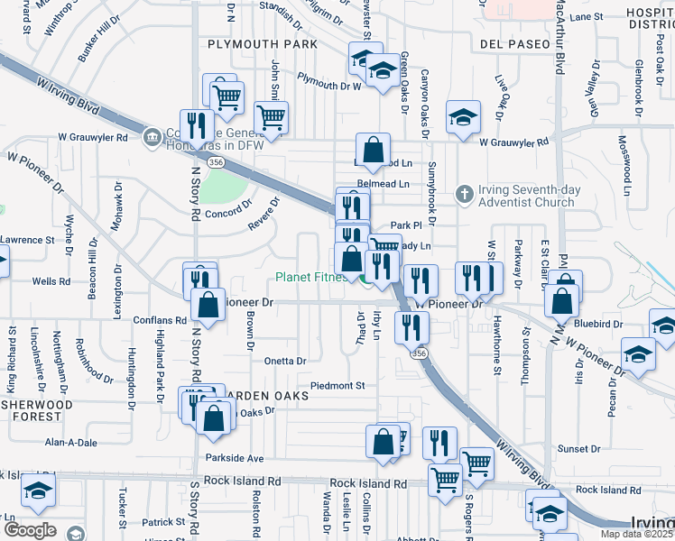 map of restaurants, bars, coffee shops, grocery stores, and more near 1770 West Irving Boulevard in Irving