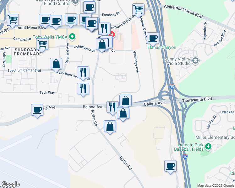map of restaurants, bars, coffee shops, grocery stores, and more near 4560 Viewridge Avenue in San Diego