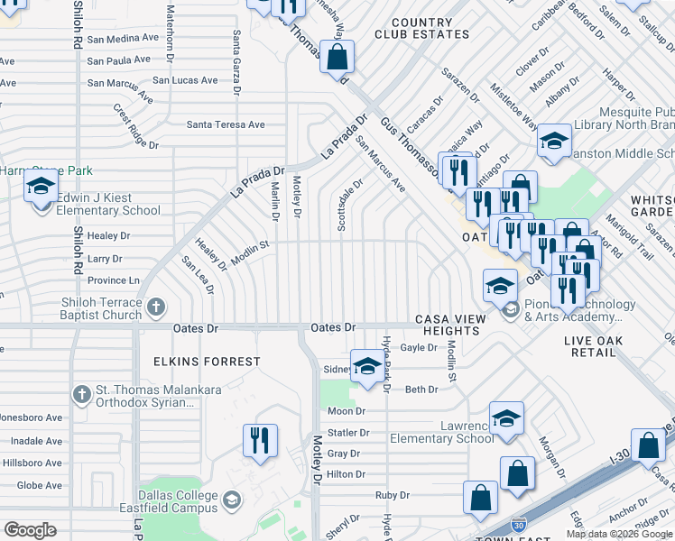 map of restaurants, bars, coffee shops, grocery stores, and more near 4232 Scottsdale Drive in Mesquite