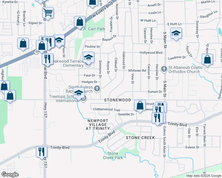 map of restaurants, bars, coffee shops, grocery stores, and more near 1004 Oakwood Drive in Euless