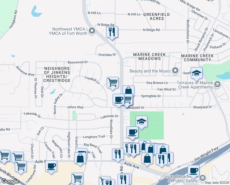 map of restaurants, bars, coffee shops, grocery stores, and more near 4551 Boat Club Road in Fort Worth