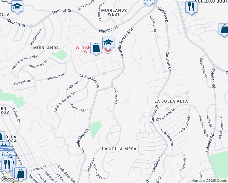 map of restaurants, bars, coffee shops, grocery stores, and more near 5930 Rutgers Road in San Diego