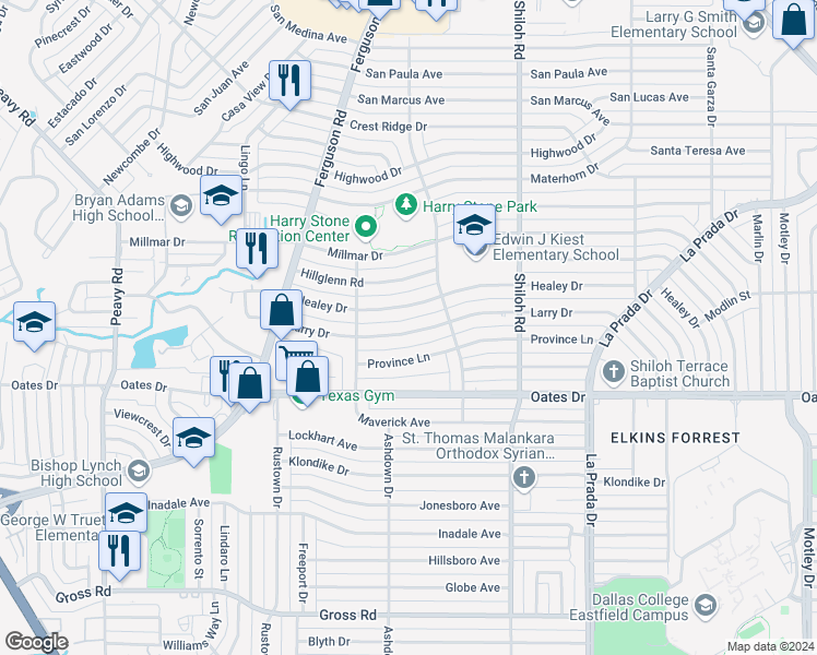 map of restaurants, bars, coffee shops, grocery stores, and more near 2503 Larry Drive in Dallas