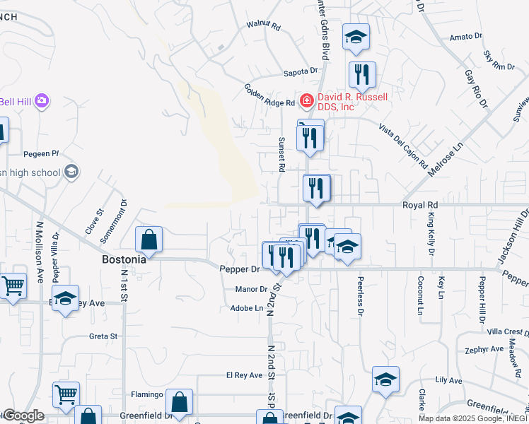 map of restaurants, bars, coffee shops, grocery stores, and more near 8037 Shir Mar Place in El Cajon