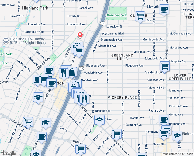 map of restaurants, bars, coffee shops, grocery stores, and more near 5215 Goodwin Avenue in Dallas