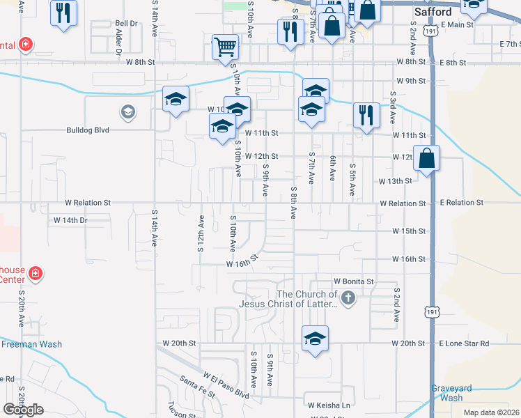 map of restaurants, bars, coffee shops, grocery stores, and more near 829 Kimball Street in Safford