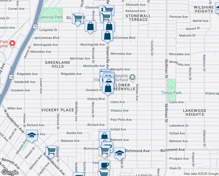 map of restaurants, bars, coffee shops, grocery stores, and more near 2820 Greenville Avenue in Dallas