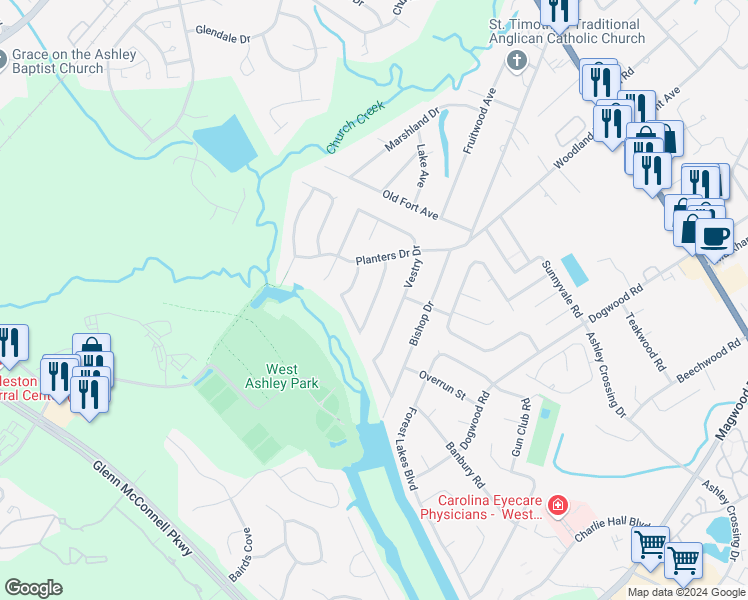 map of restaurants, bars, coffee shops, grocery stores, and more near Chancellory Lane in Charleston