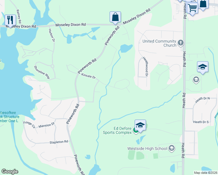 map of restaurants, bars, coffee shops, grocery stores, and more near 501 Kinsale Drive in Macon