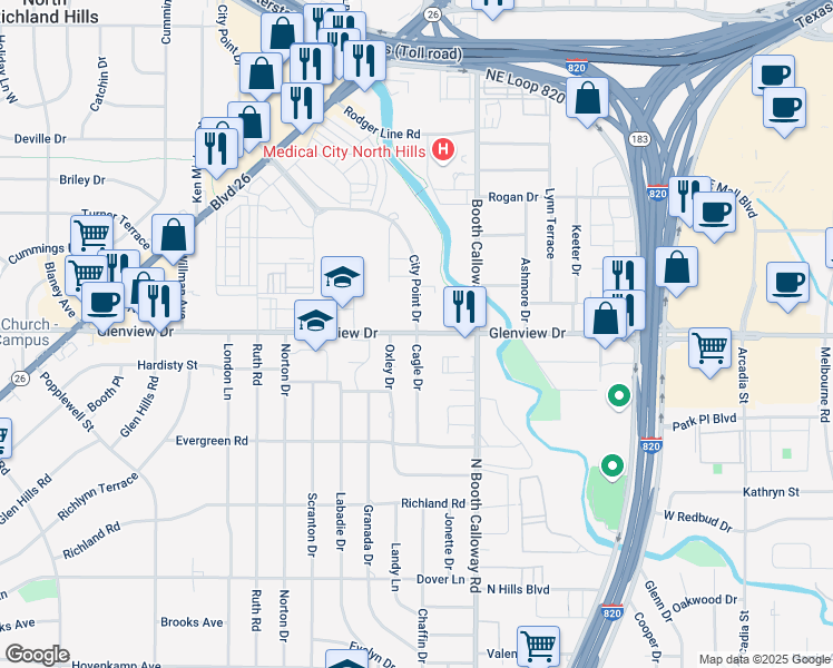 map of restaurants, bars, coffee shops, grocery stores, and more near 4199 Cagle Drive in Richland Hills