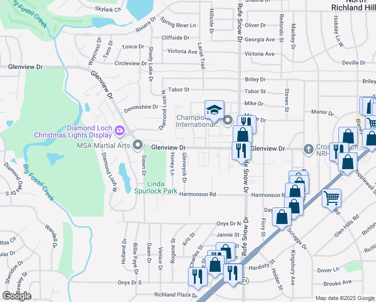 map of restaurants, bars, coffee shops, grocery stores, and more near 4104 Glenwyck Drive in North Richland Hills
