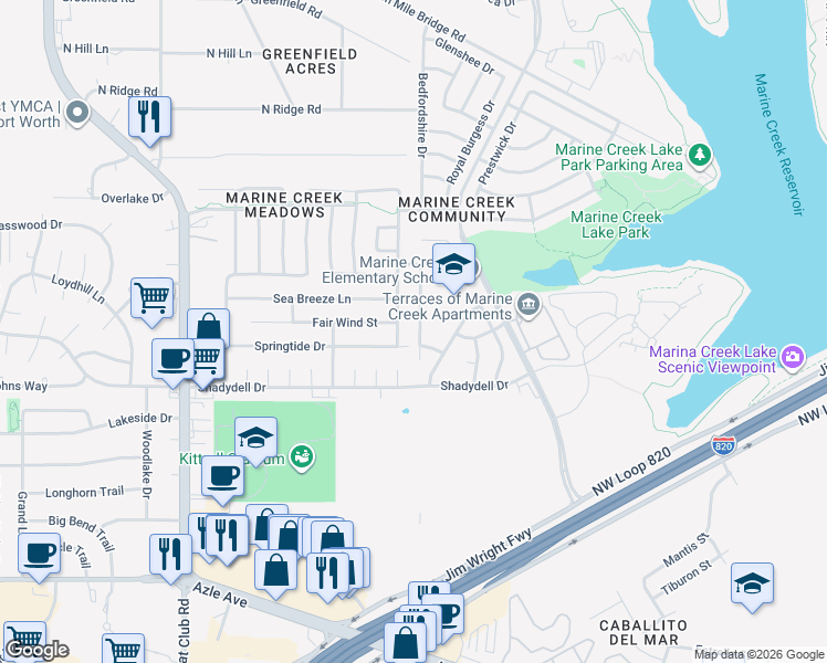 map of restaurants, bars, coffee shops, grocery stores, and more near 4633 Barnhill Lane in Fort Worth