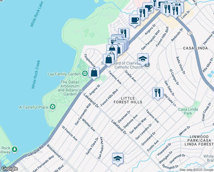 map of restaurants, bars, coffee shops, grocery stores, and more near 8808 Angora Street in Dallas