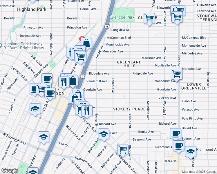 map of restaurants, bars, coffee shops, grocery stores, and more near 5254 Vanderbilt Avenue in Dallas