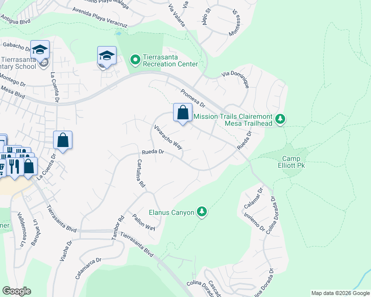 map of restaurants, bars, coffee shops, grocery stores, and more near 11152 Vivaracho Way in San Diego