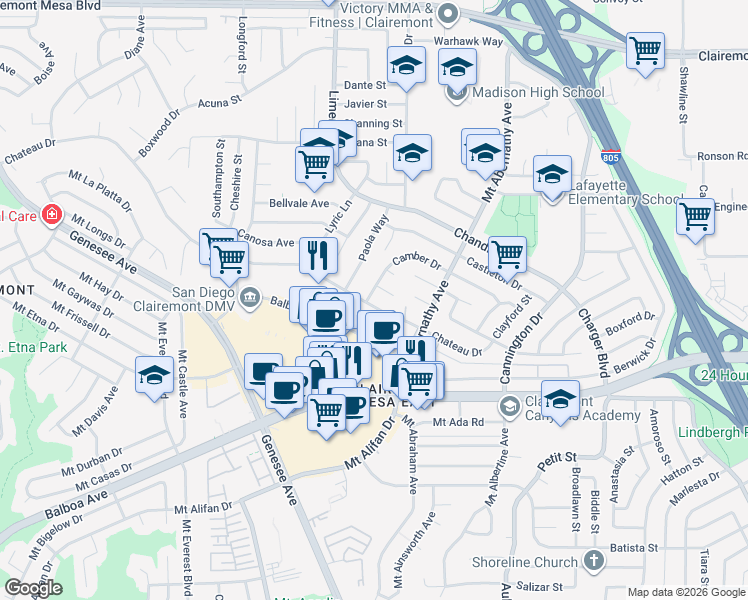 map of restaurants, bars, coffee shops, grocery stores, and more near 5554 Camber Drive in San Diego