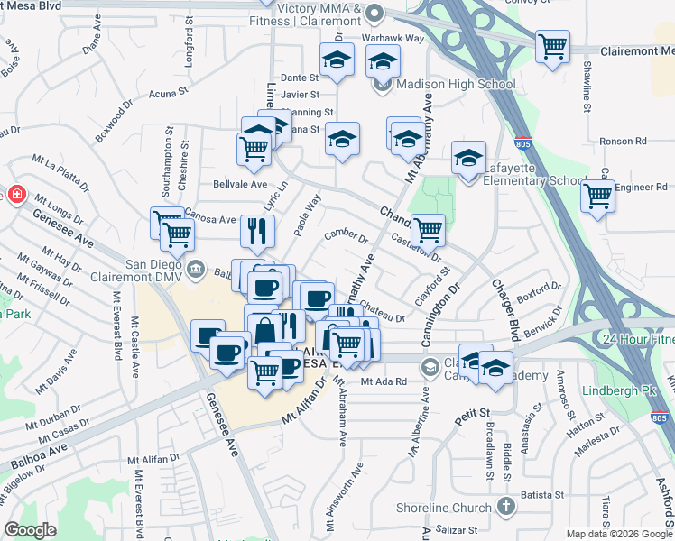 map of restaurants, bars, coffee shops, grocery stores, and more near 5725 Bakewell Street in San Diego