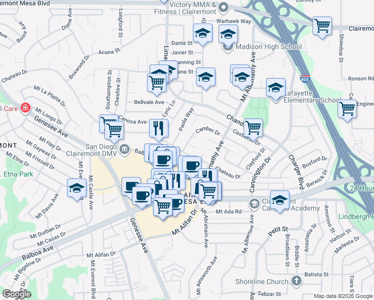 map of restaurants, bars, coffee shops, grocery stores, and more near 5554 Camber Drive in San Diego