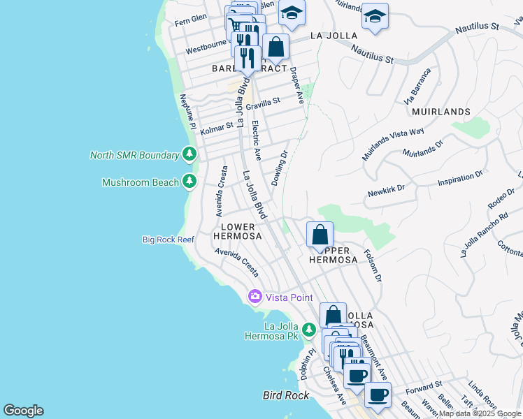 map of restaurants, bars, coffee shops, grocery stores, and more near 6333 La Jolla Boulevard in San Diego
