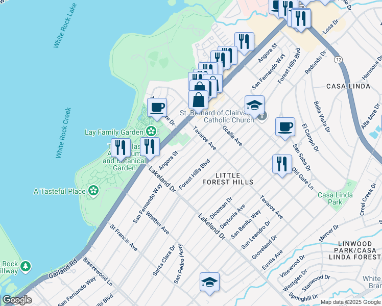 map of restaurants, bars, coffee shops, grocery stores, and more near 8808 Angora Street in Dallas