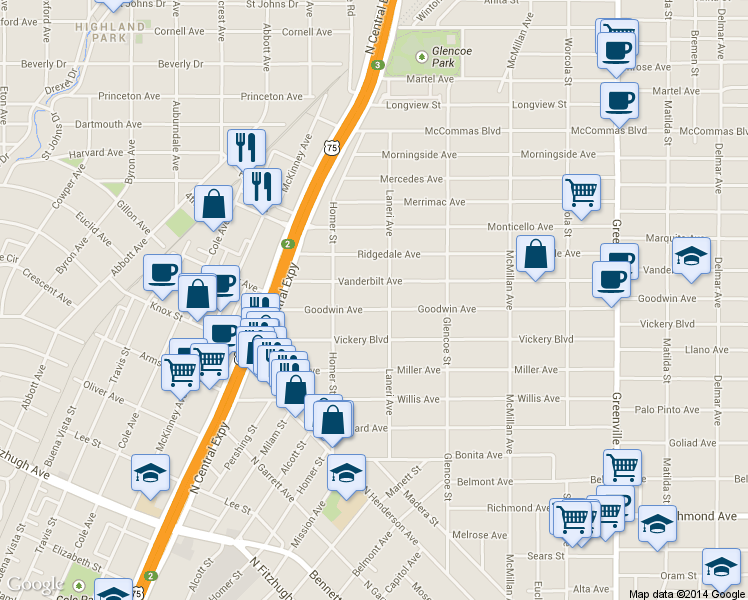map of restaurants, bars, coffee shops, grocery stores, and more near 5254 Vanderbilt Avenue in Dallas