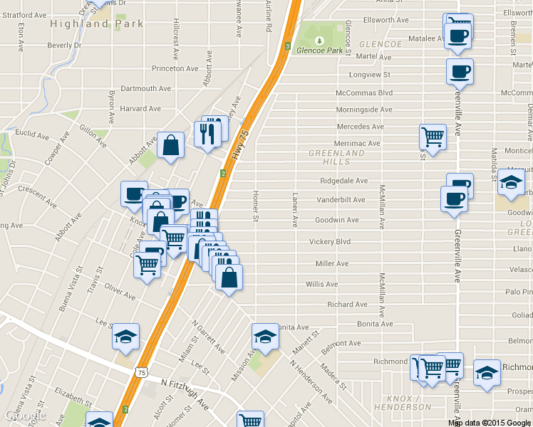 map of restaurants, bars, coffee shops, grocery stores, and more near 5218 Vanderbilt Avenue in Dallas