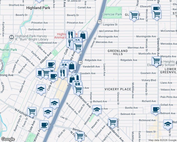 map of restaurants, bars, coffee shops, grocery stores, and more near 5139 Vanderbilt Avenue in Dallas
