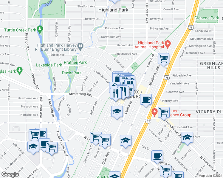 map of restaurants, bars, coffee shops, grocery stores, and more near 4522 Abbott Avenue in Dallas