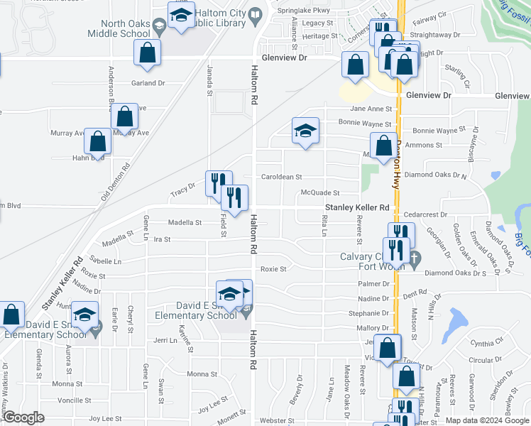 map of restaurants, bars, coffee shops, grocery stores, and more near 5121 Stanley Keller Road in Haltom City