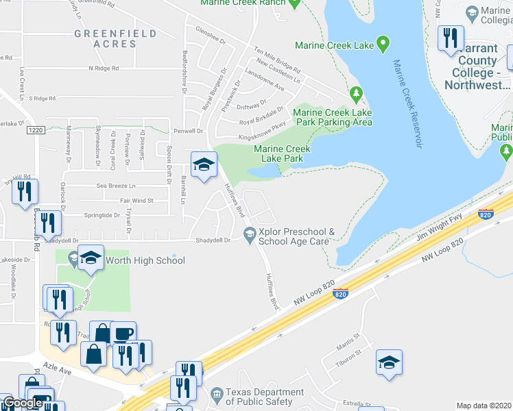 map of restaurants, bars, coffee shops, grocery stores, and more near 4700 Huffines Boulevard in Fort Worth