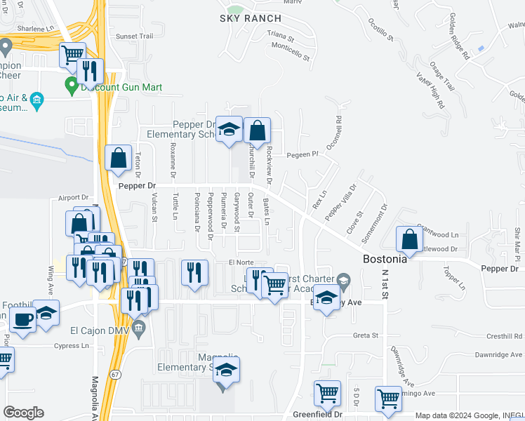 map of restaurants, bars, coffee shops, grocery stores, and more near 1286 Bates Lane in El Cajon
