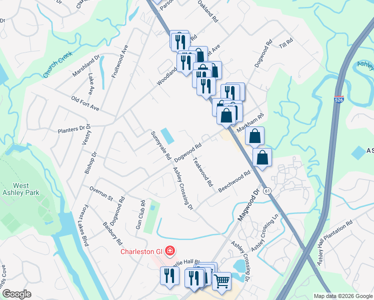 map of restaurants, bars, coffee shops, grocery stores, and more near 1911 Chestnut Oak Lane in Charleston